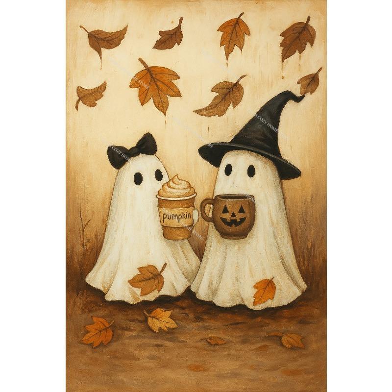 Cute Ghost Black Cat Canvas Gallery Wall Prints Halloween Floral Bat Wall Art Soft Pastel Fall Farmhouse Holiday Home Decor Gift