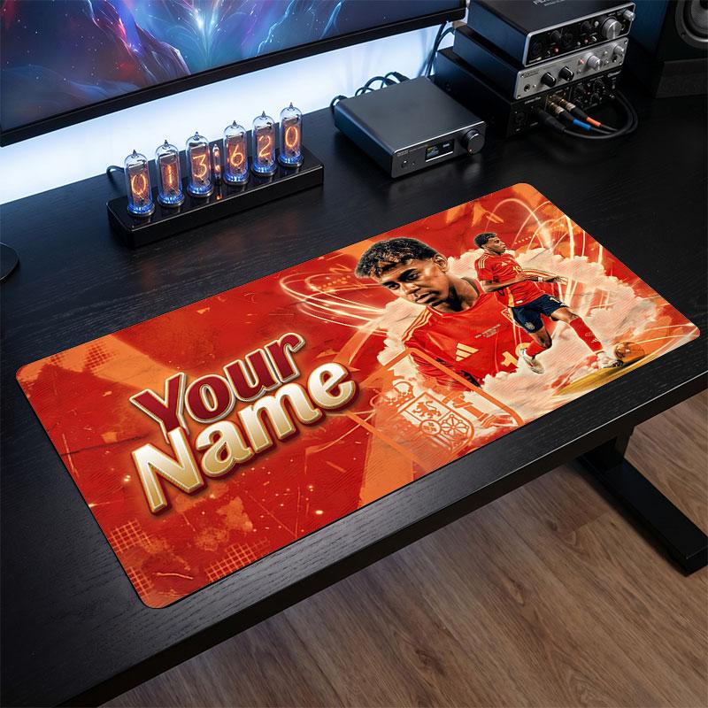 Tappetino per Mouse Grande Personalizzato Lamine Yamal, Stampa Testo Nome Personalizzato, Tappetino da Scrivania Antiscivolo con Logo Calcio, Regalo per Gamer