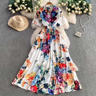 Abito Estivo Vintage Firmato da Sfilata Donna Manica Corta Collo Blazer Lungo Maxi Vacanza