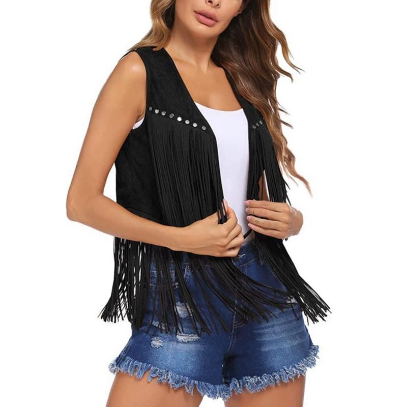 

Women Sleeveless Fringed Jacket Buttonless Cardigan Vest 2XL