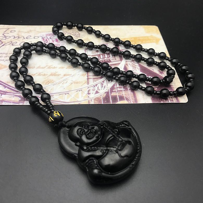 Guanyin Buddha Jade-Style Pendant Necklace with Beads in White, Black, and Green