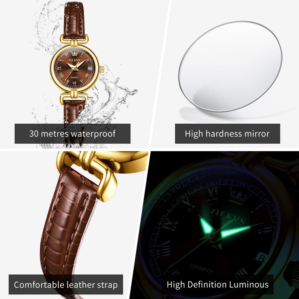 OLEVS Luxury Original Woman Round Watch Brown Small Leather Strap 3ATM Waterproof Date Elegant Quartz Ladies Wristwatch