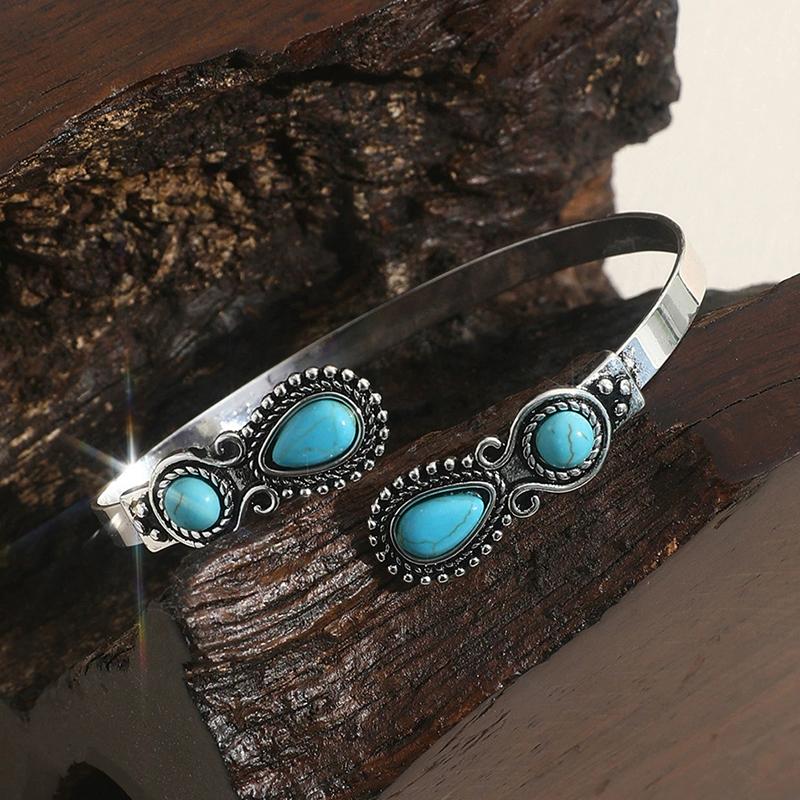 Vintage Ethnic Style Inlaid Imitation Natural Stone Bracelet Elegant Open Adjustable Bracelet Women Party Jewelry