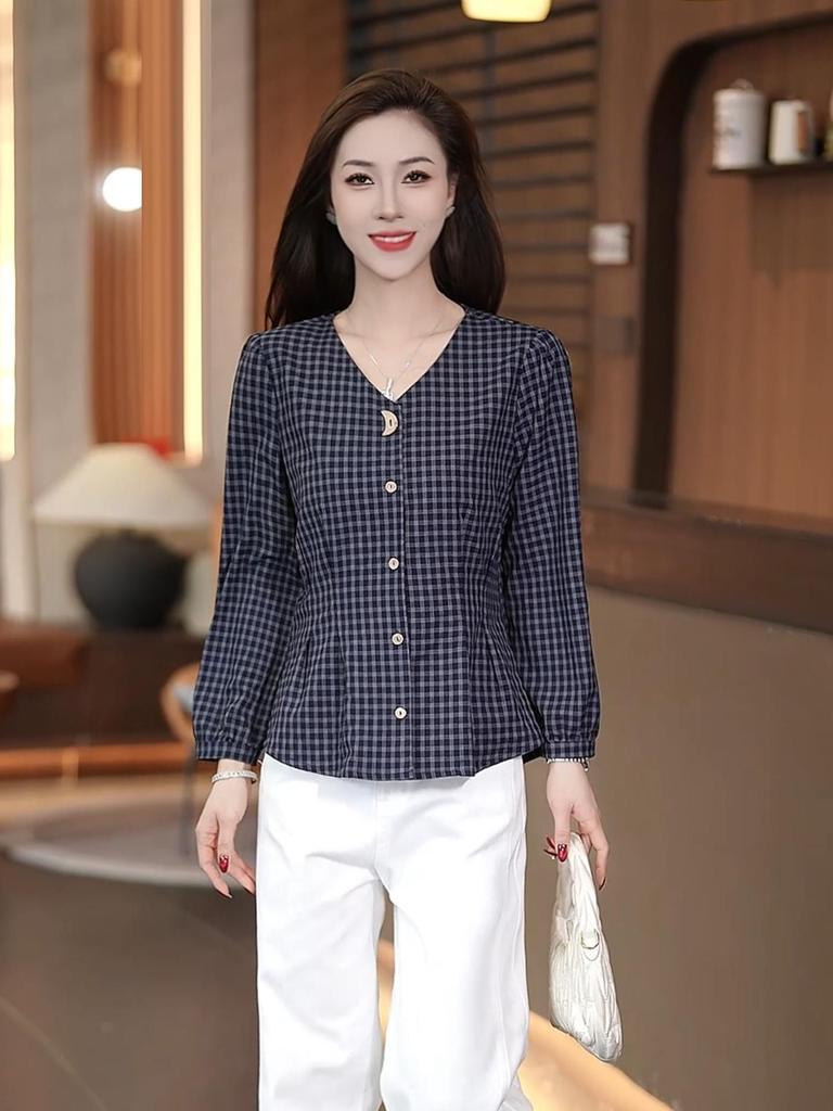 Camicia a Maniche Lunghe a Quadri Retro Chic con Scollo a V Snellente per Donna - Collezione Primavera 2026