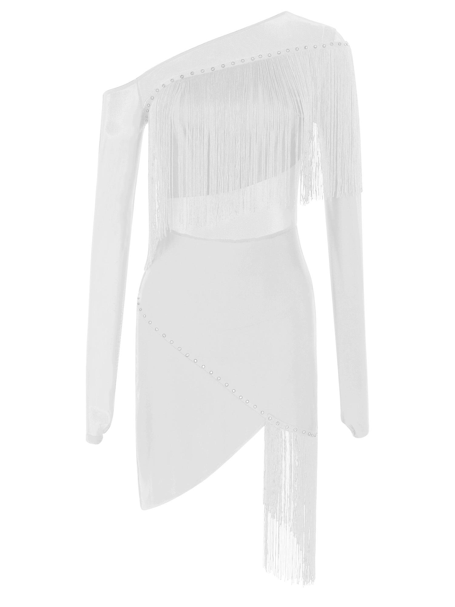 

Womens Tango Dance Dress Oblique Shoulder Fringed Design with Sheer Mesh Patchwork and Irregular Hem Latin Costume S