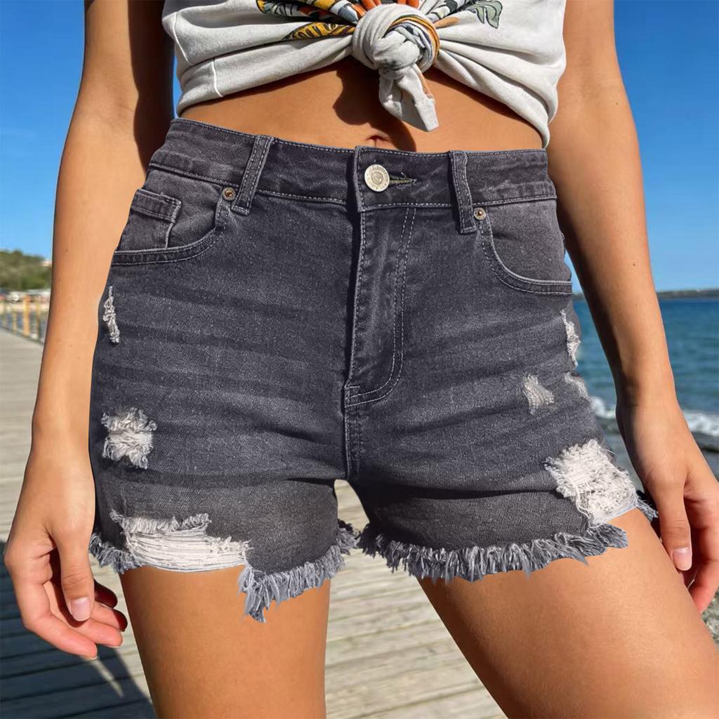 Damskie Kolorowe Jeansowe Szorty Stretch Slim Fit z Przetarciami