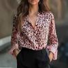 Elegant Leopardmönstrad Blommig Långärmad Topp för Kvinnor