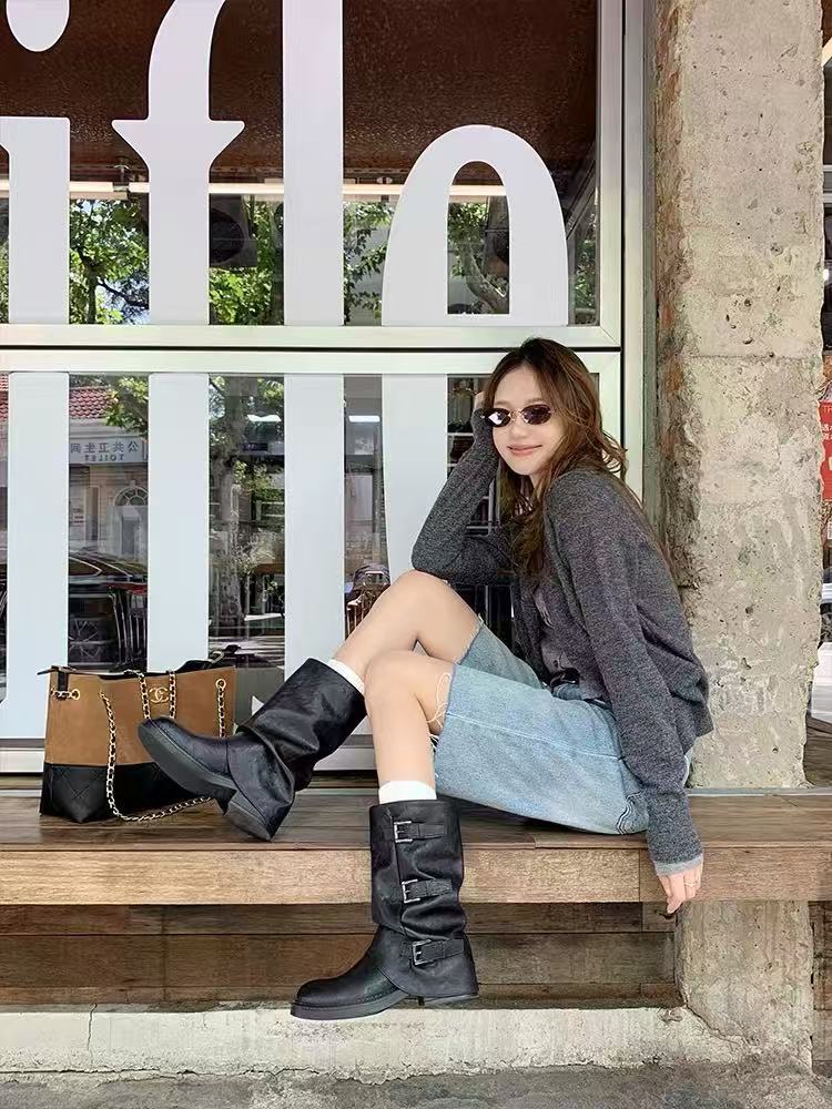 [Ruodan] Spice Girls Pants Boots~ 6.5cm Height Increasing Buckle Mid Tube Western Knight Boots Women's Pile Boots