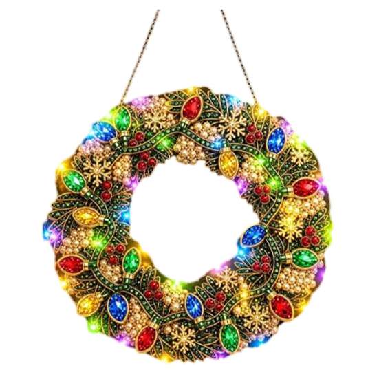 Handgefertigter festlicher Heimdekorations-Weihnachts-Diamantmalerei-Kranz-Bausatz mit LED-Lichterkette, Schneemann-Perlenkunst beleuchtete Türdekoration für Erwachsene,