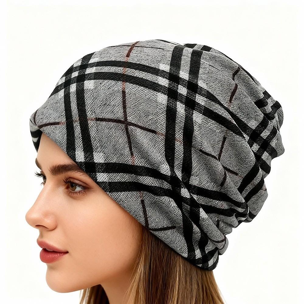 Contrasting Colors Turban Hats Plaid Print Casual Hedging Cap Gifts Pullover Hat  Autumn and Winter
