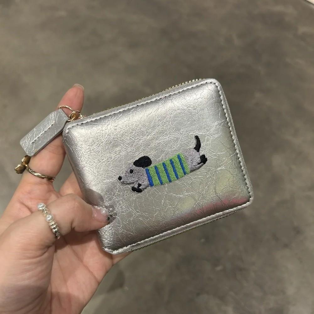 Cartoon Embroidery Dachshund Dog Wallet PU Leather Solid Color Sausage Dog Organ Card Bag Zipper Large Capacity