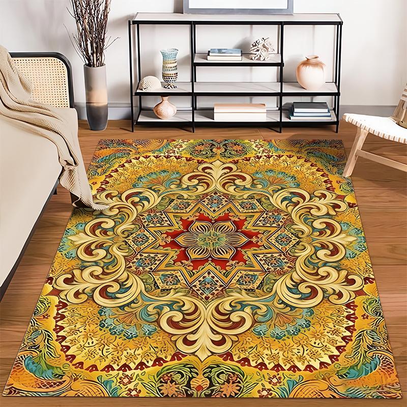 Mandala Pattern Carpet with Vibrant Yellow and Red Bohemian Style Design Suitable for use as an anti-slip for living room bedroom sofas