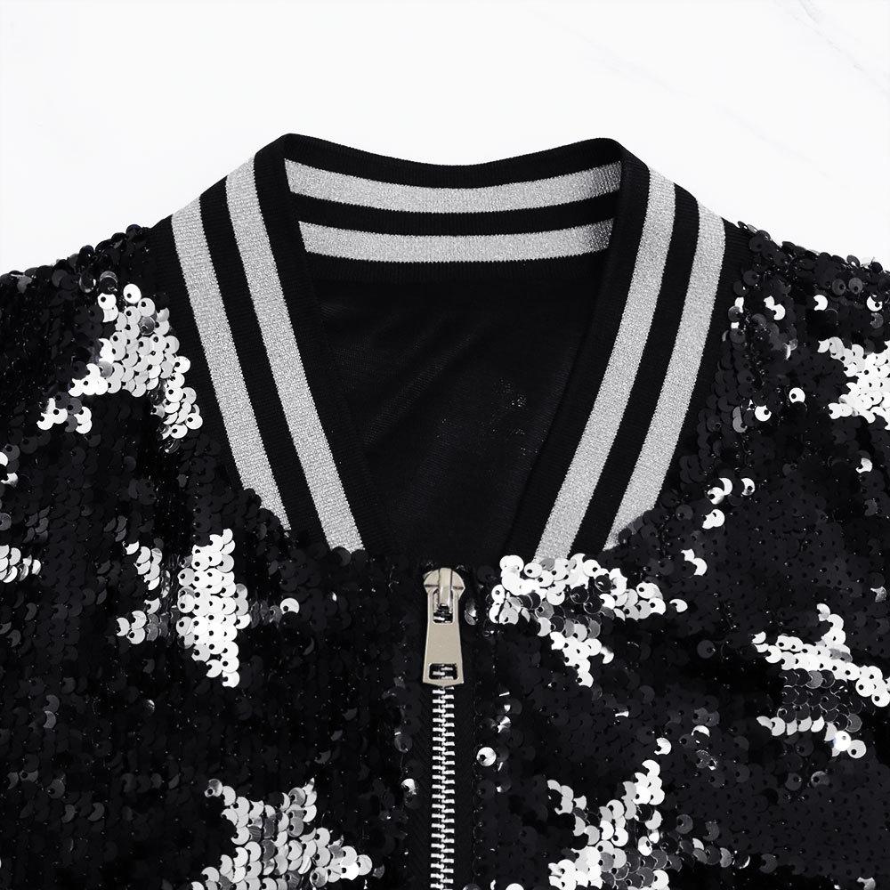 Women's Jacket Autumn Sequin Decorated Stars Silver Embellished Zip Jacket