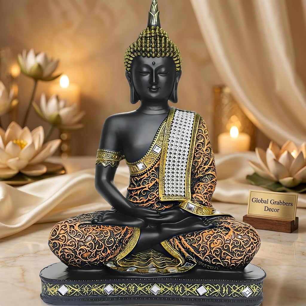 Meditating Buddha Statue 25cm Polyresin Orange Black Home Decor Gift