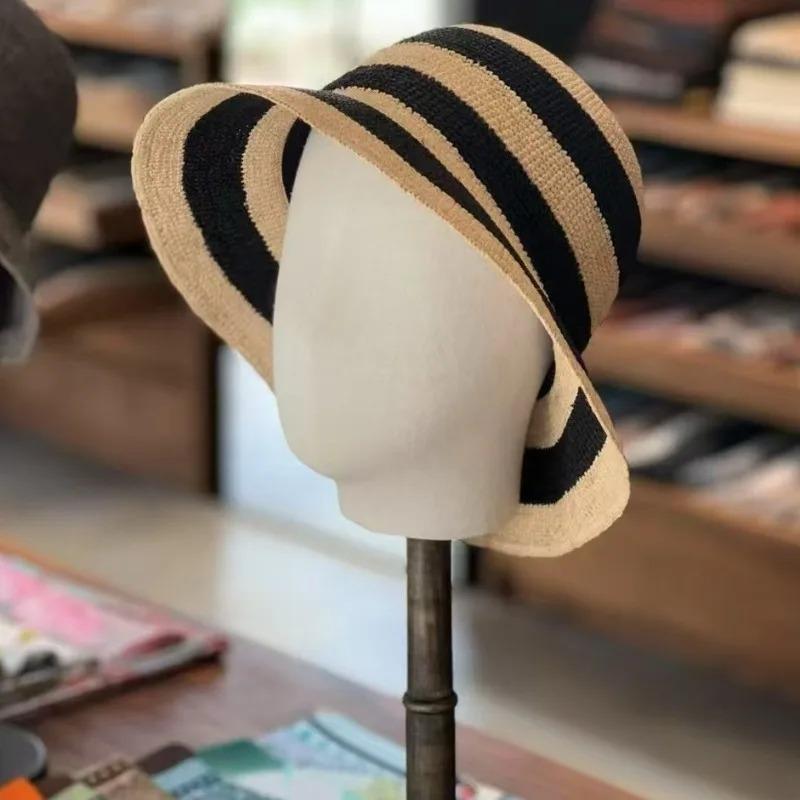 JapaneseIns Stripe 100% Raffia Bucket Hats Women Woven Color Matching Summer Beach Vacation Sunshade Fashion Foldable Sun Hats