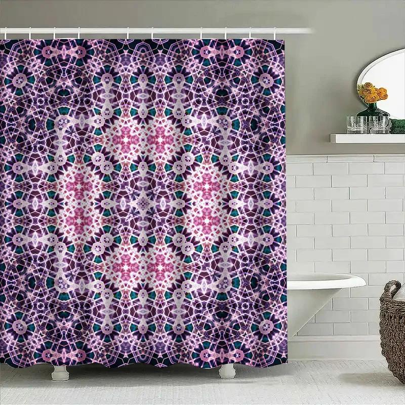 Vibrant Pattern Shower CurtainPurple Geometric Floral Design for Bathroom Decor Waterproof Fabric with Hooks Included