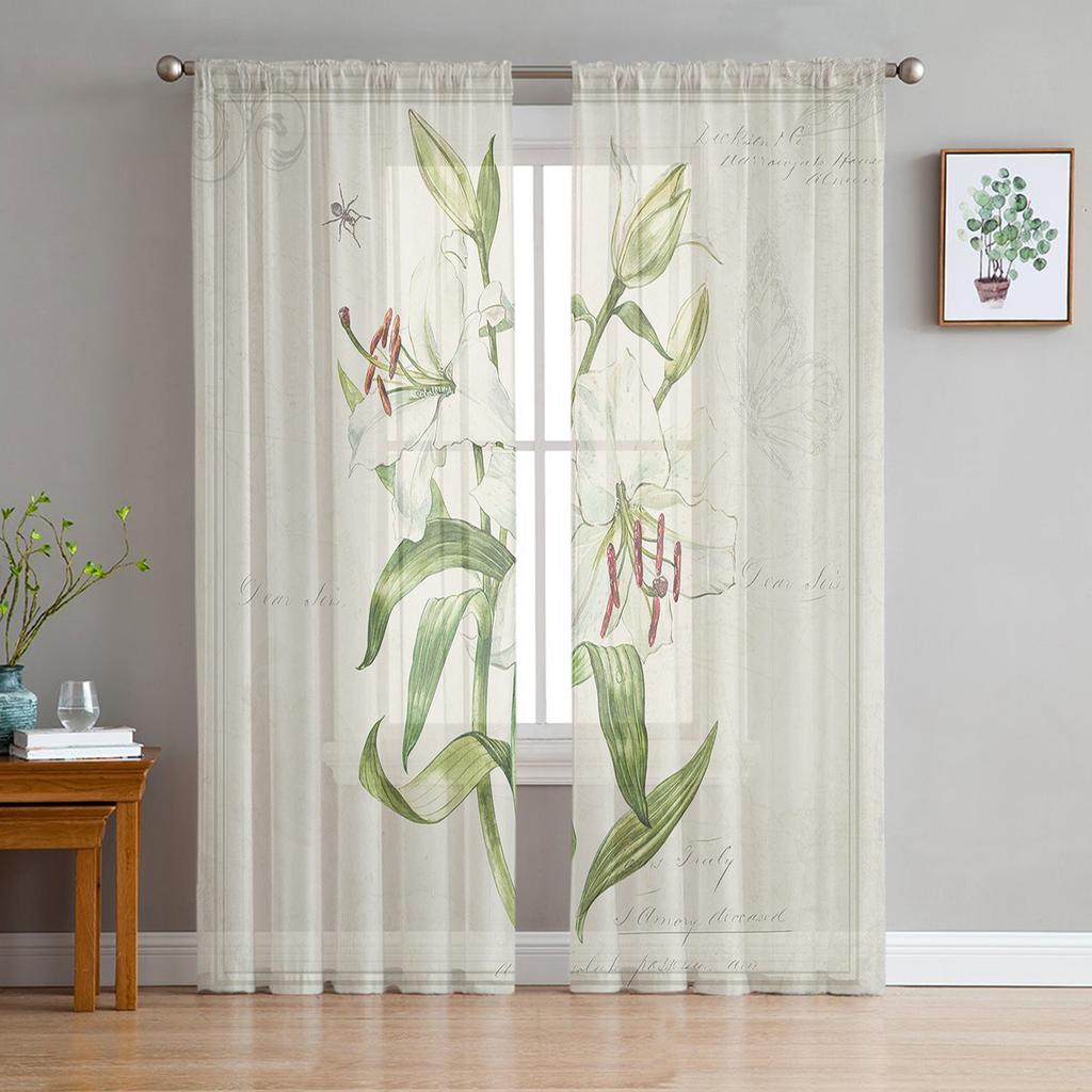 Vintage Landpflanzen Lilienblume Transparente Vorhänge zur Wohnzimmerdekoration Fenstergardinen Küchen-Tüll Voile-Vorhänge