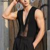 Men V Neck Sleeveless Mesh Patchwork Party Fitted Tank Tops Undershirts