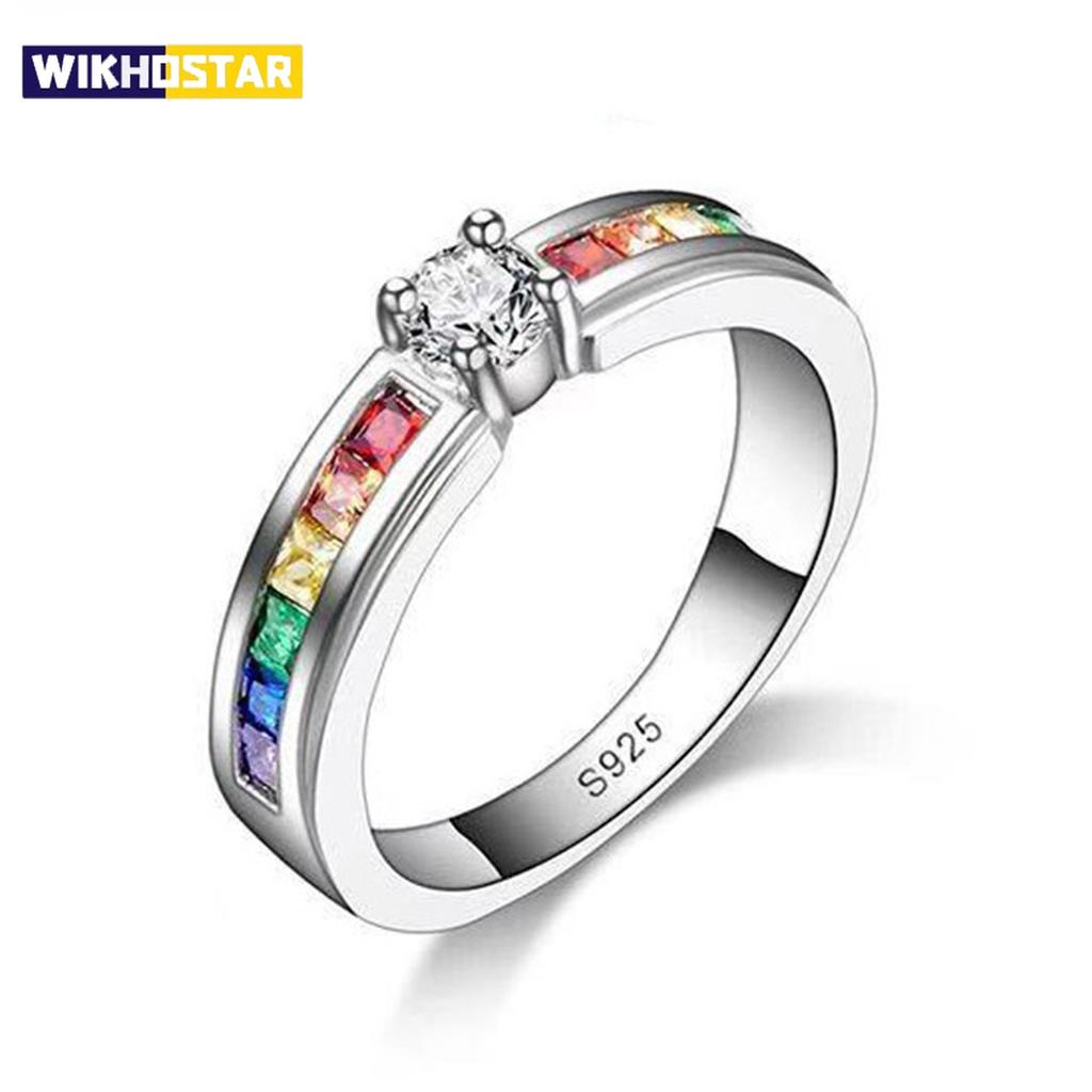 Argint Sterling 925 Real Culoare Curcubeu Zircon Cubic Inele Pentru Femei Nuntă Minunat Inel de Logodnă Propunere Accesoriu