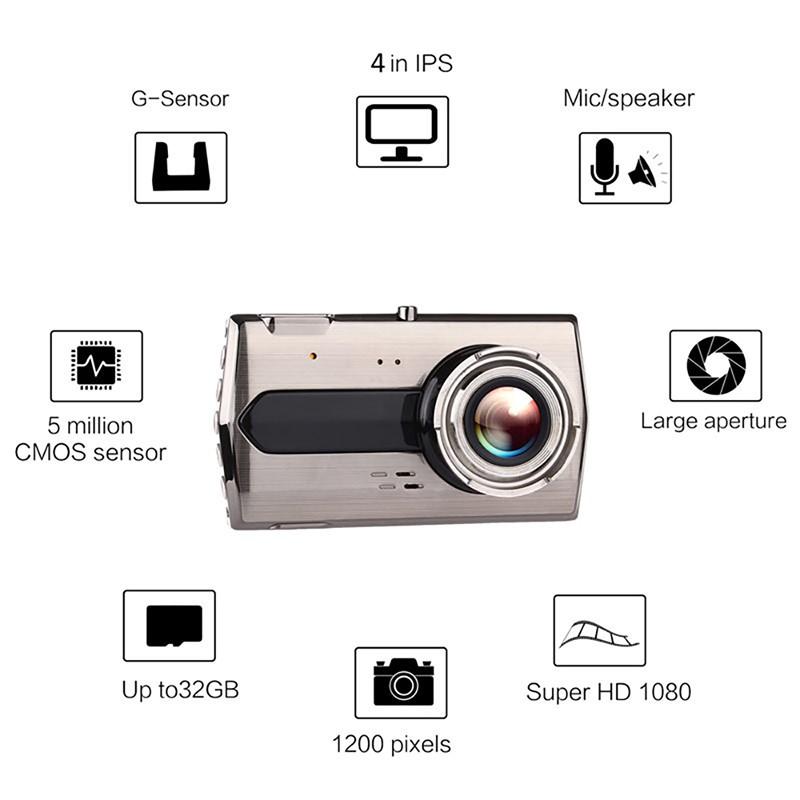 4.0 İnç 1080P Sürüş Kaydedici Full HD Gece Görüş Hareket Dedektörü Video Kamera Su Geçirmez Kamera Park Modu Çarpışma Algılama Özellikli Araba DVR'ı
