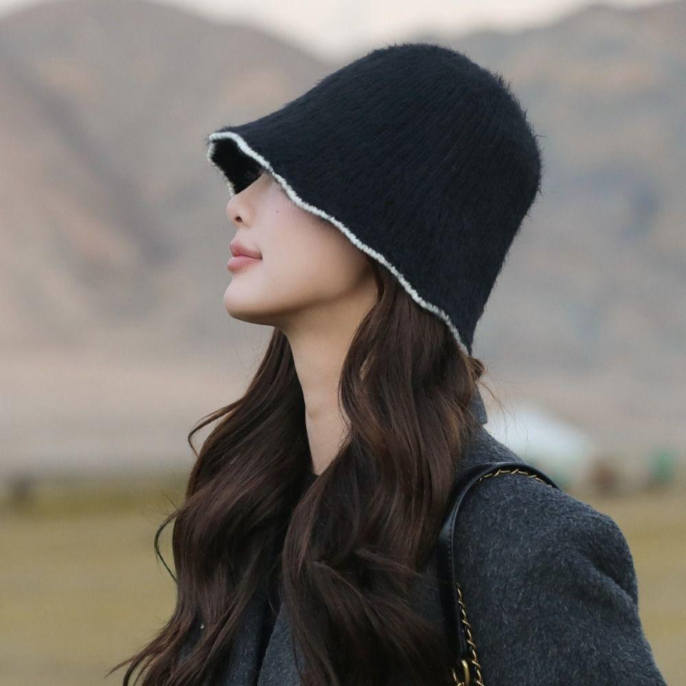 Face Revealing Small Knitted Hat Knitted Basin Hat Sweet Plush Fisherman Hat  Outdoor