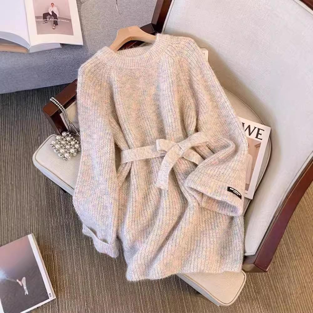 Kadın Zarif Bağcıklı Kazak Elbise Sonbahar Kış Yumuşak Bol Yuvarlak Yaka Uzun Kollu Kazak Örme Midi Boy Üst