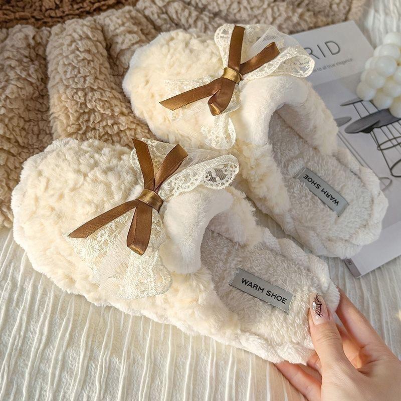 Winter cotton slippers women's student version bow thick bottom non-slip warm home casual versatile family slippers women