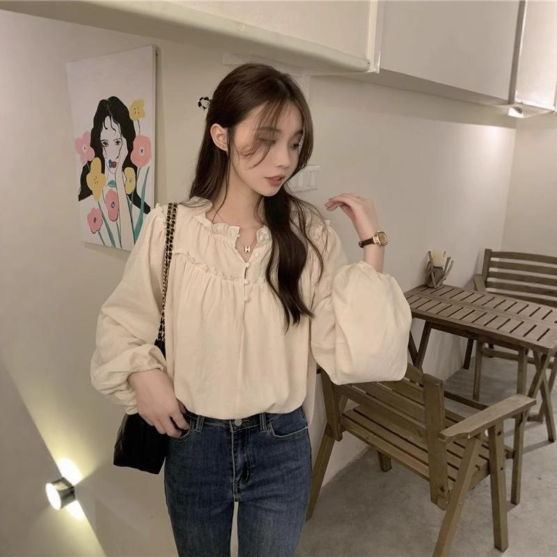 2025 Retro French Bubble Sleeve Ruffle Shirt for Women