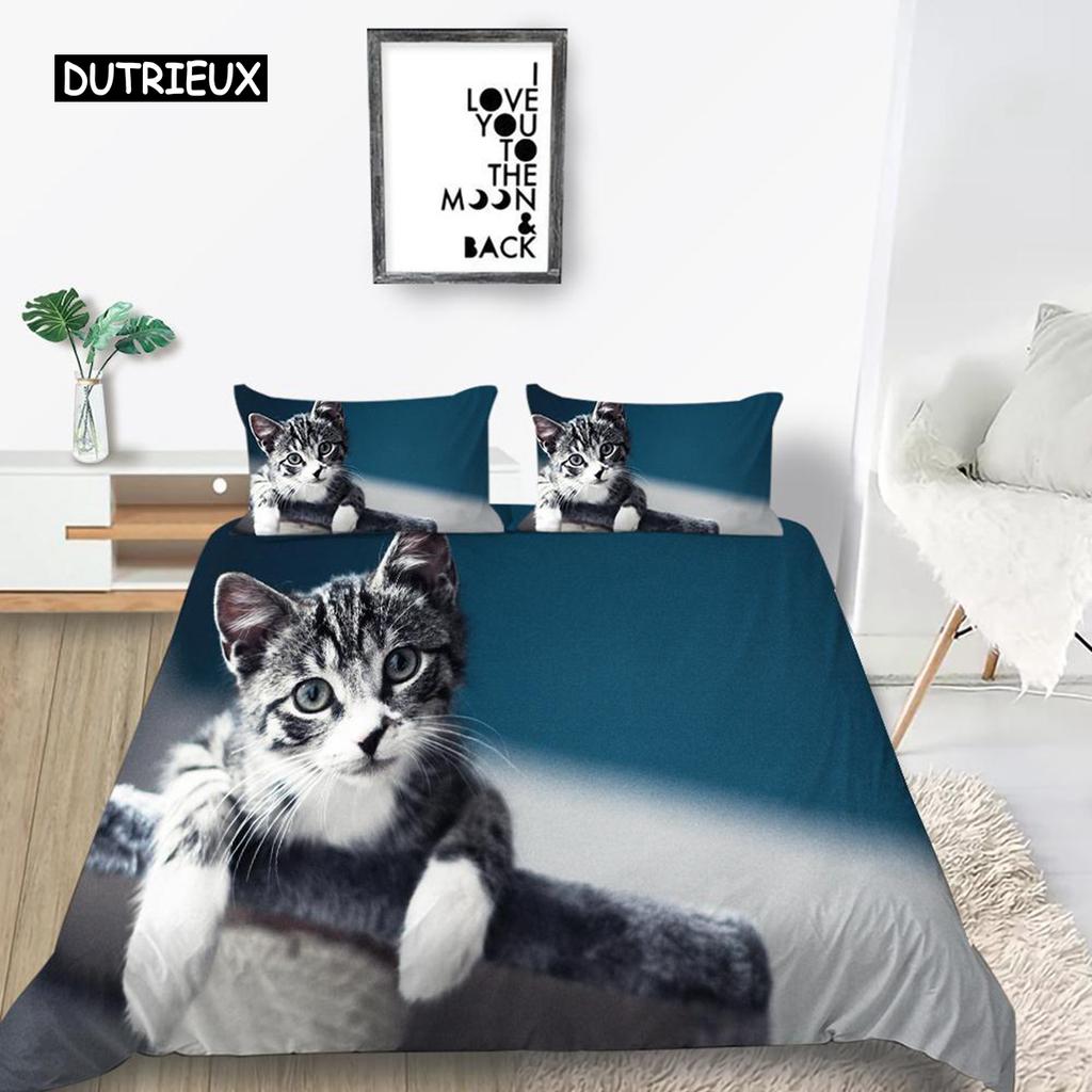 Cat Duvet Cover Set King Size Microfiber Cute Animal Print Girl Teen Kid Comforter Cover Lovely Kitty Series Pattern Bedding Set