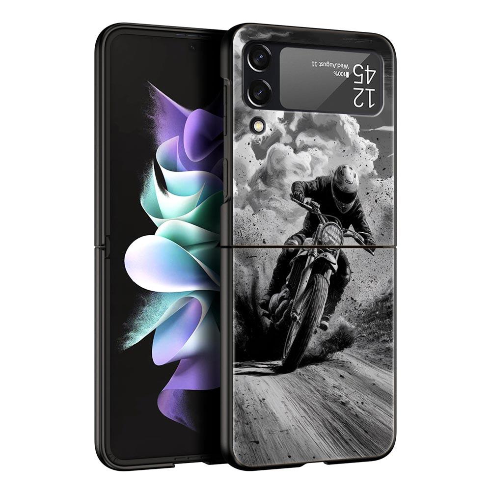 Phone Case for Samsung Galaxy Z Flip 3 4 5 6 7 Folding Black Shell For Samsung Z Flip4 Flip5 PC Hard Cover Cool Motorcycle