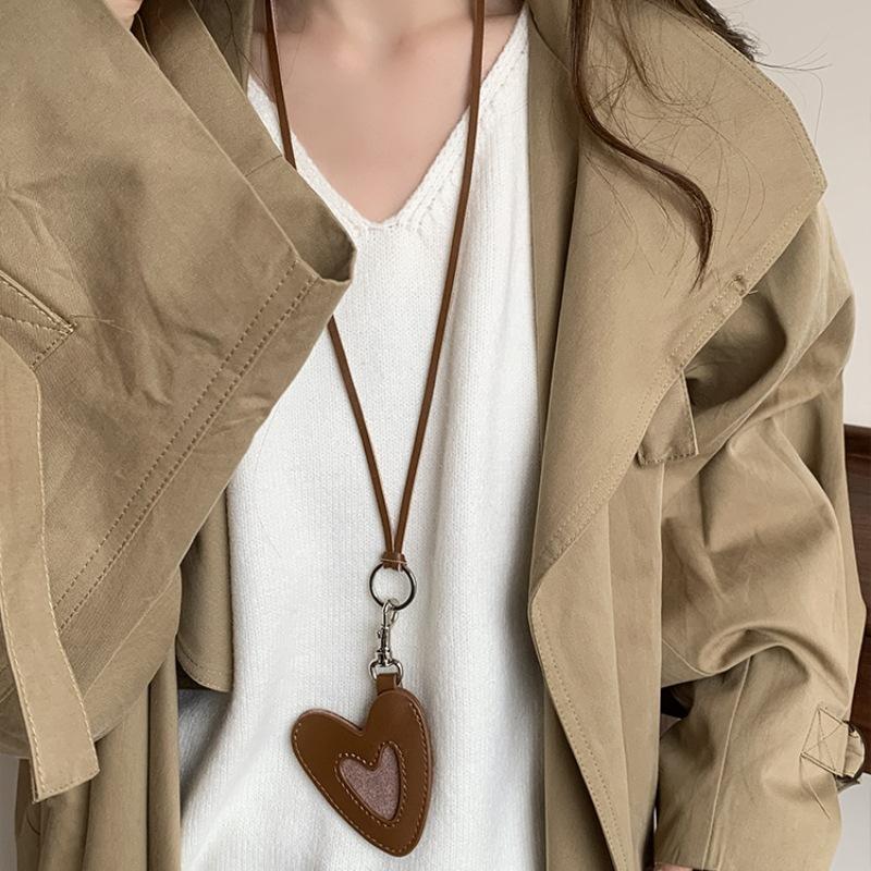 Mini Love Heart PU Leather Hanging Pendant Cute Cat Necklace Fashion Photo Cardholder Long Sweater Chain Accessories Women Men