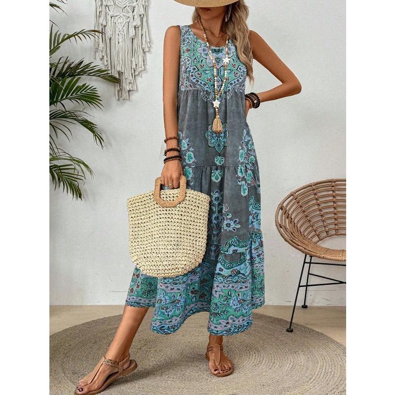 Robe d'été pour femme Nouvelle imprimée sans manches col en V Vacances à la plage Robe longue pour femme Mode Vintage col rond Décontractée ample Bohème pour femme Robes