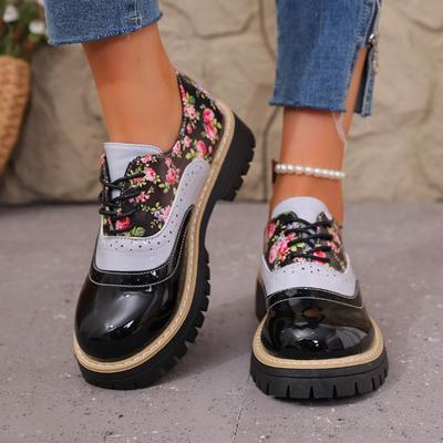 Zapatos Brogue de Ancho Especial para Mujer, Oxfords de Cuero Repujado Floral, Flats con Cordones de Puntera Redonda y Bloque de Color