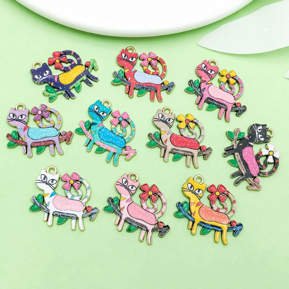 10 Colorful Enamel Alloy Cat Pendant Charms for DIY Jewelry