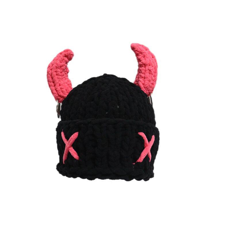 New Hand-Knitted Velvet Rabbit Ear Hat with Devil Horns - Warm, Thick, Sweet, and Stylish Spicy Girl Face Mask