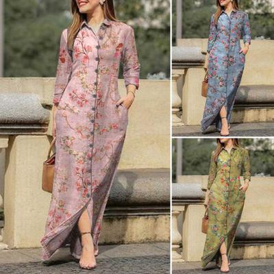 Lapel Long Sleeve Pockets Maxi Dress Autumn Winter Classic Floral Print Single Breasted Shirt Dress Streetwear