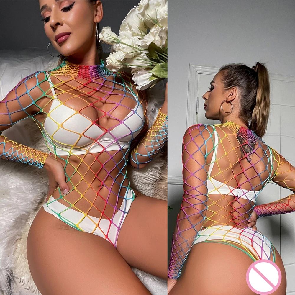 Sexy Rainbow Bodysuits Costume Erotic Fishnet Transparent Seductive Underwear Ladies Mesh Hollow See Through Bodycon Clothes