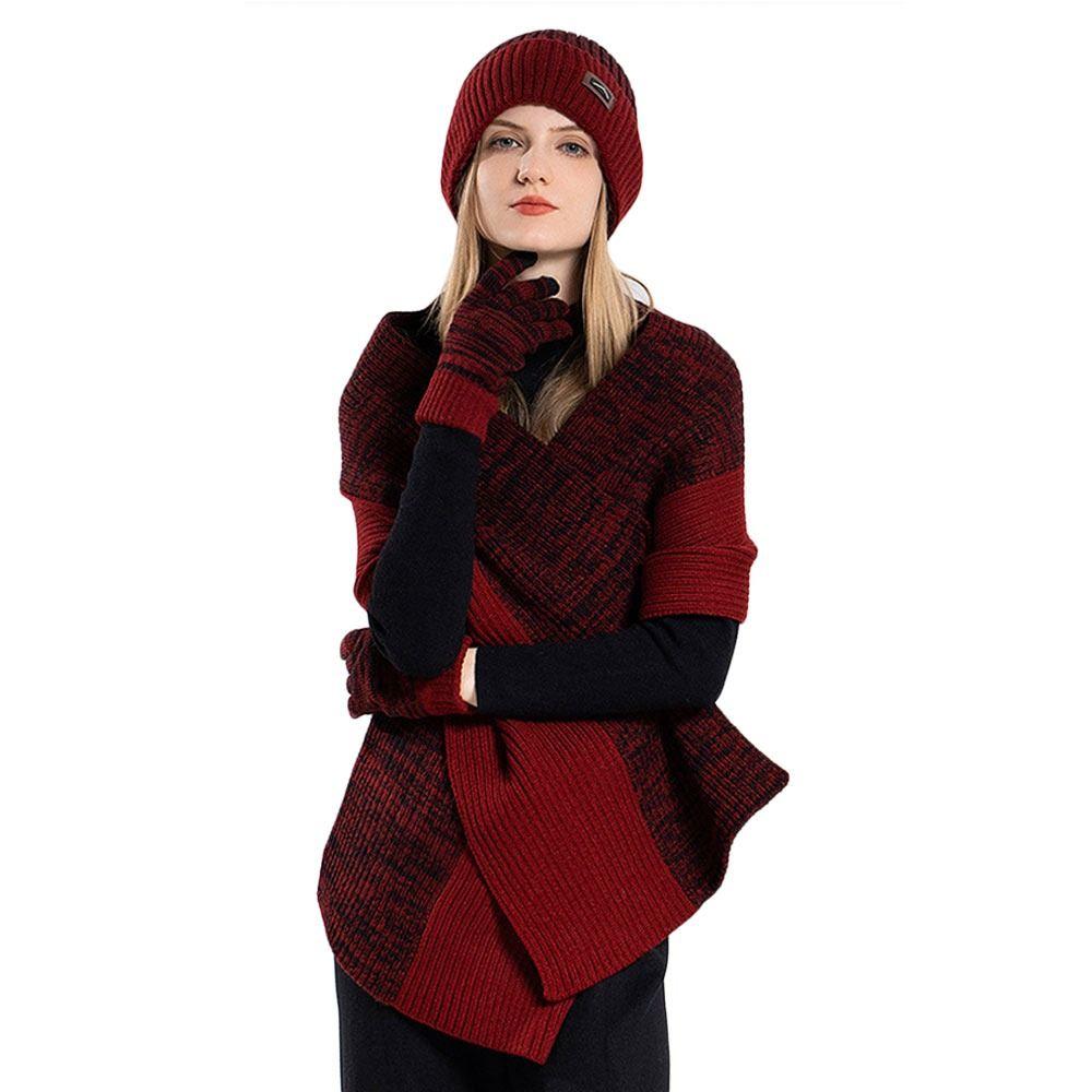 3Pcs/set Winter Warm Beanie Hat Scarf Knitted Woolen Touch Screen Gloves Windproof Outdoor Ear Protection Cap for Men Women