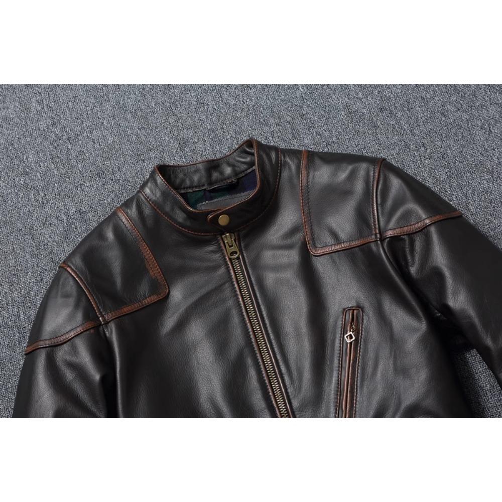 Style RL Top Layer Oil Waxed Cowhide Real Leather Jacket Men Stand Collar Brown Motorcycle Coat Men's Biker Jacket Spring Autumn