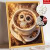 Framed Pearl Bead Painting Kit Owl Coffee Design DIY Shiny Canvas Art Relaxing Craft Gift for Craft Lovers Creative Handmade Decoration Projects