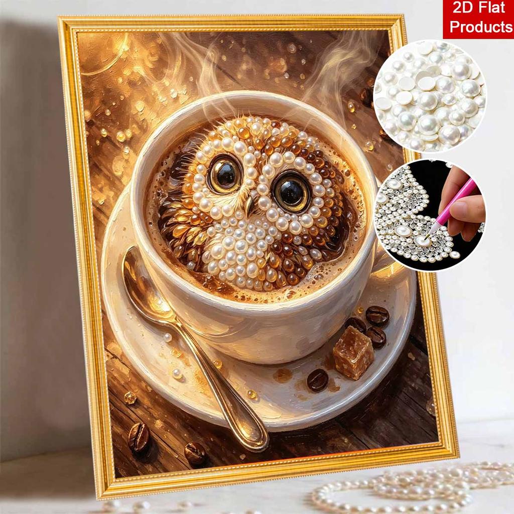 Framed Pearl Bead Painting Kit Owl Coffee Design DIY Shiny Canvas Art Relaxing Craft Gift for Craft Lovers Creative Handmade Decoration Projects