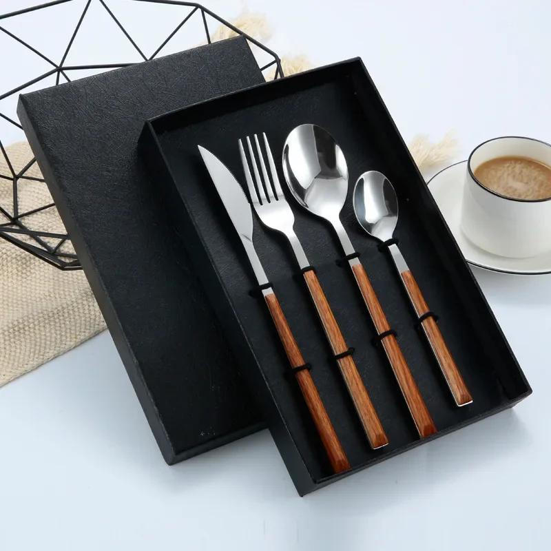 Glossy Silver Wooden Western Food Knife Fork Teaspoon Cutleries 304 Stainless Steel Dinnerware Sets 4Pcs