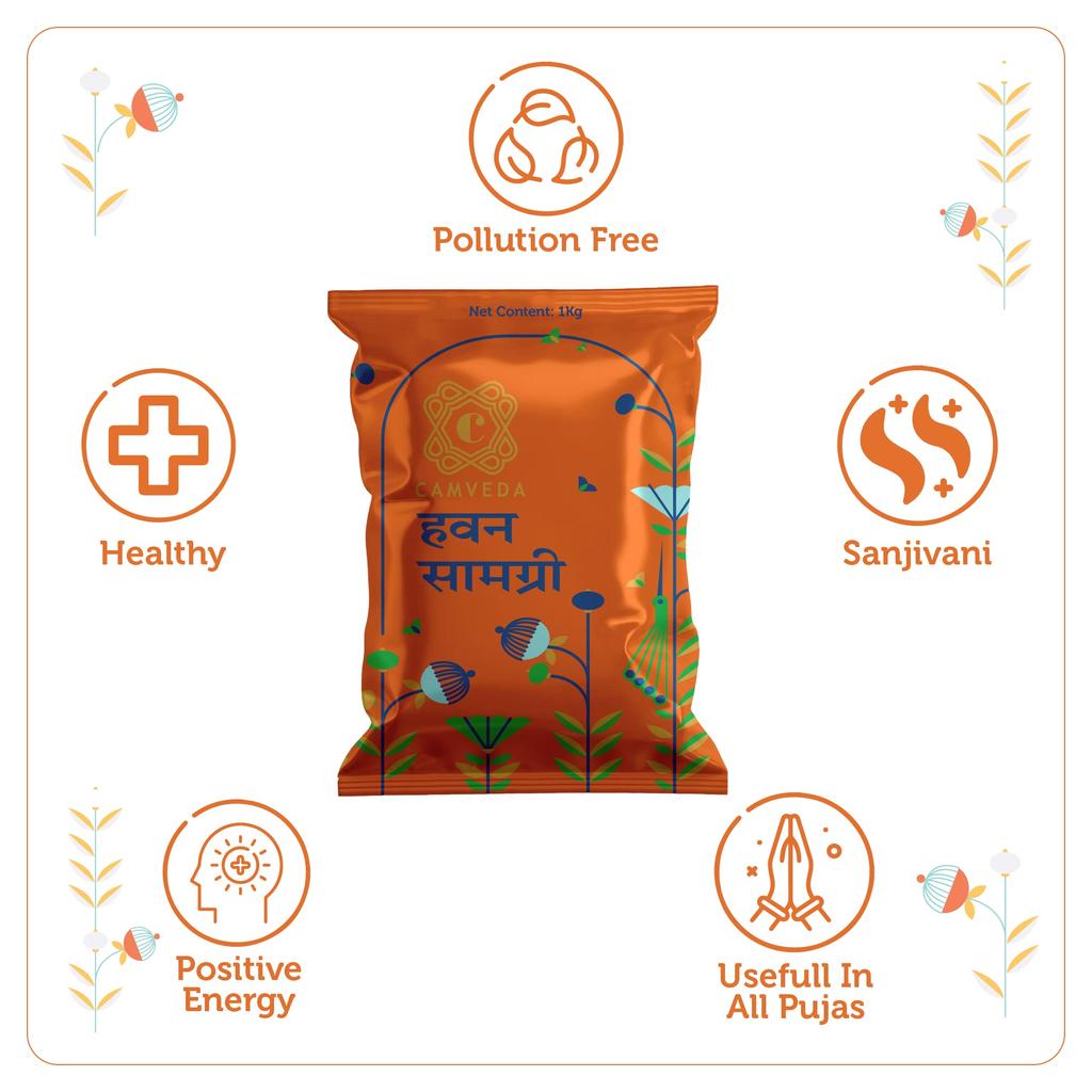 Camveda Hawan Samagri 1KG |100% Pure and Natural | Mixture of Various Dried Herbal Roots and Leaves for Vedic Yagya Pujan. Hawan Worship Pooja Sa