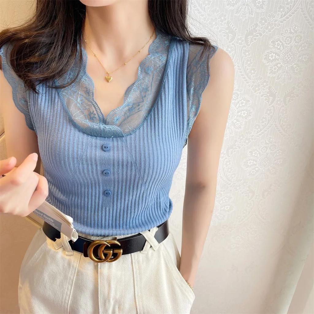 Women's Blue Ribbed Knit Tank Top Lace Trim V-Neck Slim Fit Casual Camisole