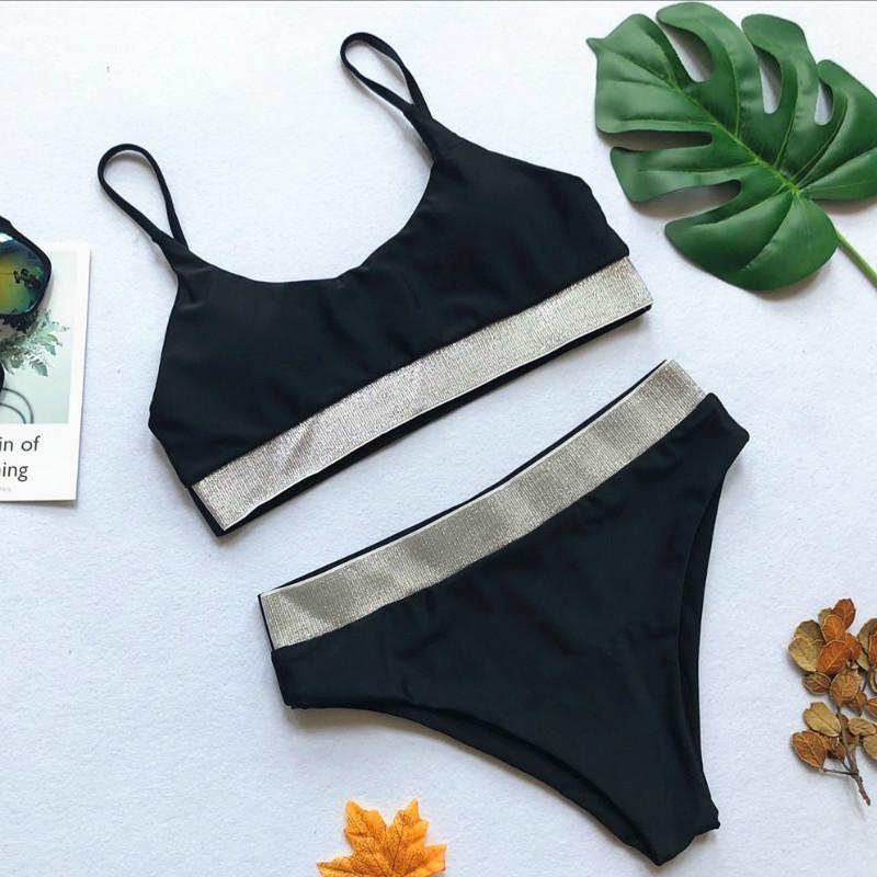 

Twopiece Sexy High Waist Bikini Swimsuit Lady Beach Color Sequins Solid S чёрный