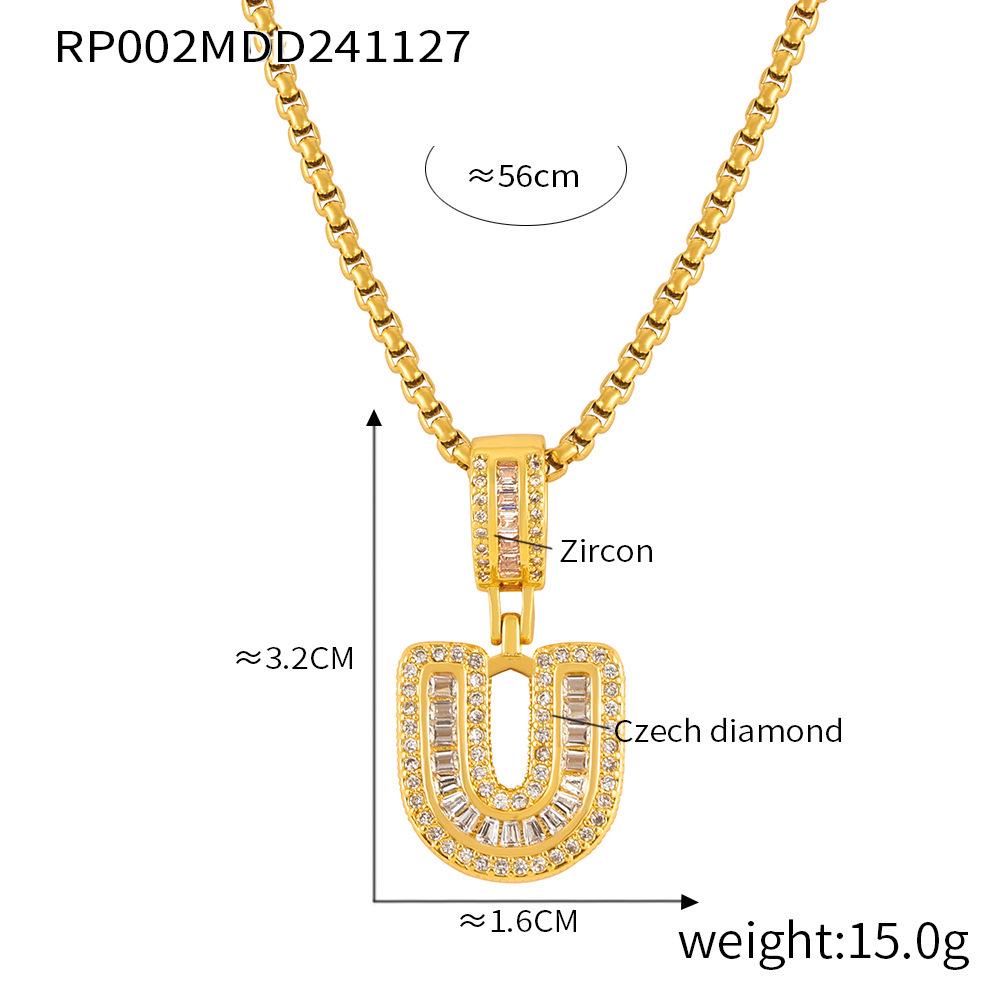 Minimalist Letter Inlaid Diamond Copper Pendant Necklace with Long Box Chain in Gold-Plated Titanium Steel