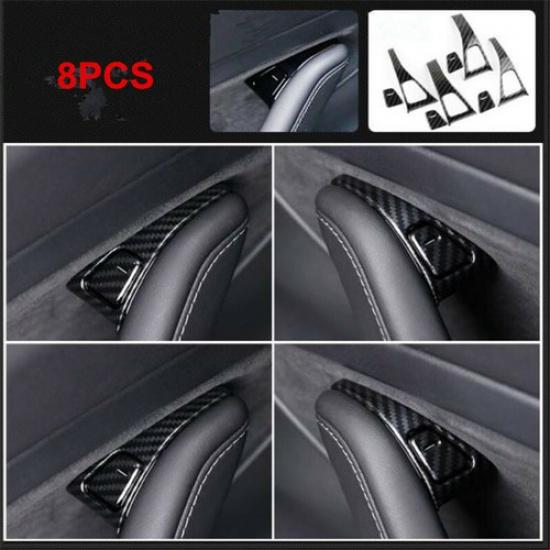Carbon Fiber 8PCS Inner Door Lock Switch Cover Trim For Tesla Model Y 2020-2022