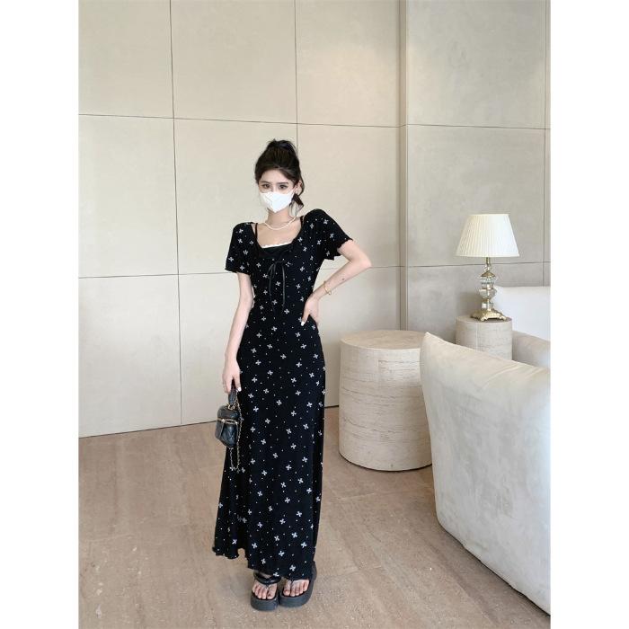 

New fake two-piece knitted dress for women s summer fat MM slimming bow A-shaped skirt Hepburn style small black dress XXL
