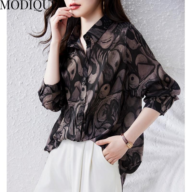 MODIQUE Spring Summer Plus Size New Women Loose Vintage Cotton Linen Floral Print Blouse Shirts Female Casual Oversize Long Sleeve V-Neck Top T-Shirt