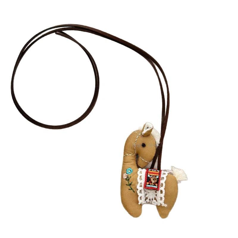 Cute Handmade Embroidery Pony Necklace Soft Fabric Horse Pendant Sweater Chain for Women Daily Outfit Jewelry Gift